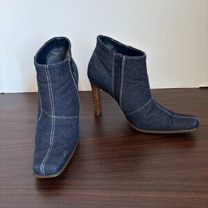 Paprika Denim Ankle Boots Square toe and Wood-grained Heels Edgy Urban Chic 7.5